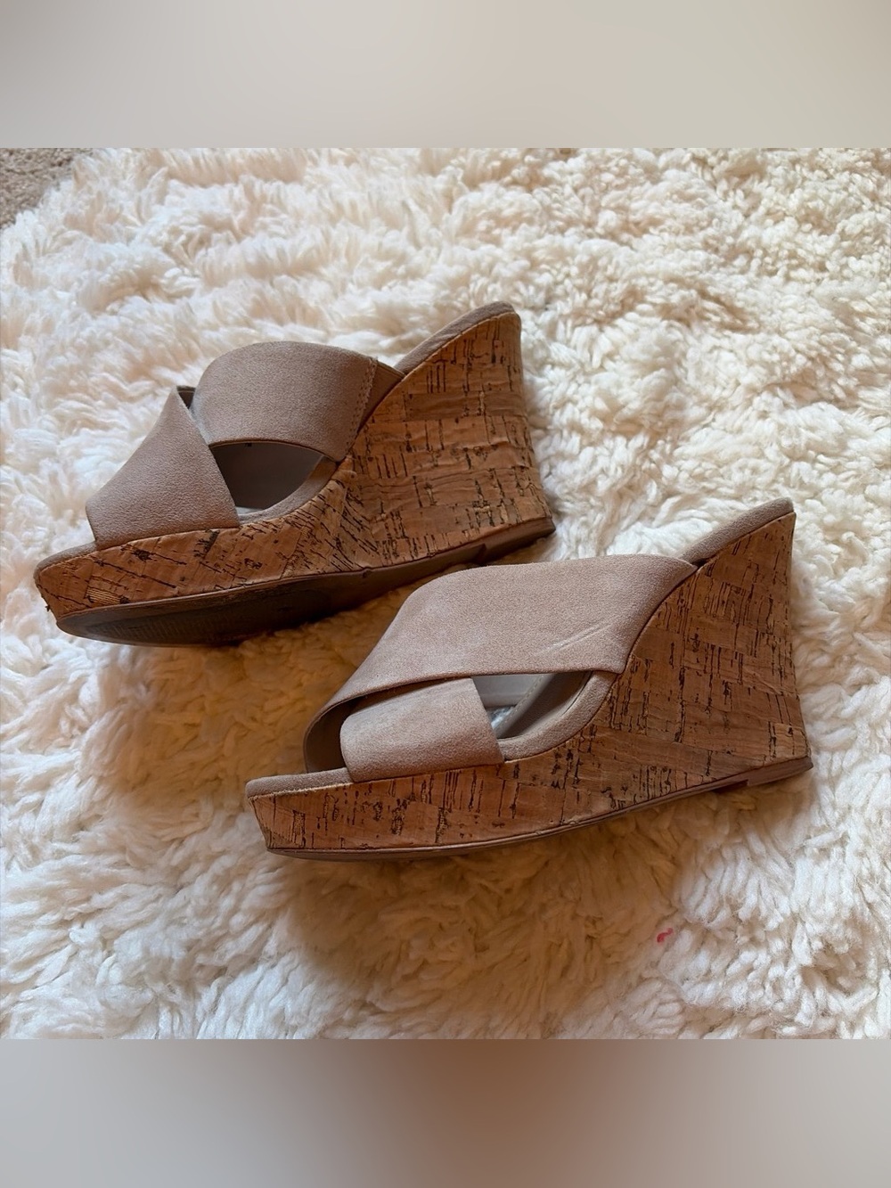 Charles By Charles David Taupe Crisscross Cork Wedge Slides